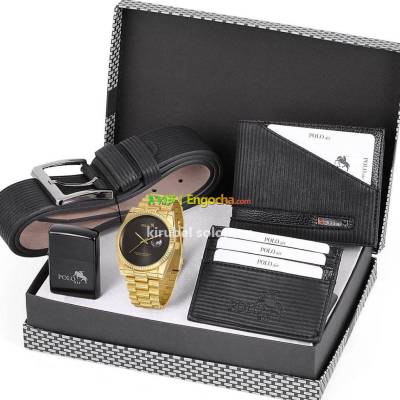 POLO AIR Men's Combination Set Wristwatch Belt Wallet Card Holder Keychain Black