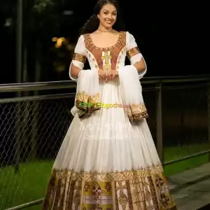 Cross-Embroidered Traditional Ethiopian Wedding Dress Gold & Brown Habesha Dress Handwove Price in Ethiopia